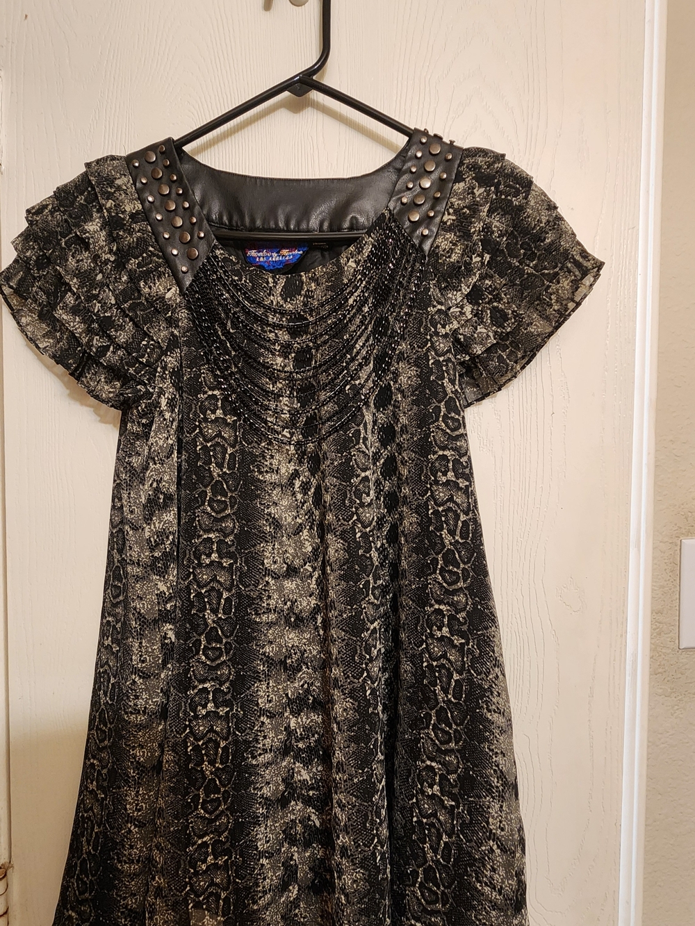 Studded Snake-Print Black Dress with Pleated Sleeves